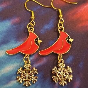 Handmade red cardinal bird rhinestone snowflake Christmas dangle earrings